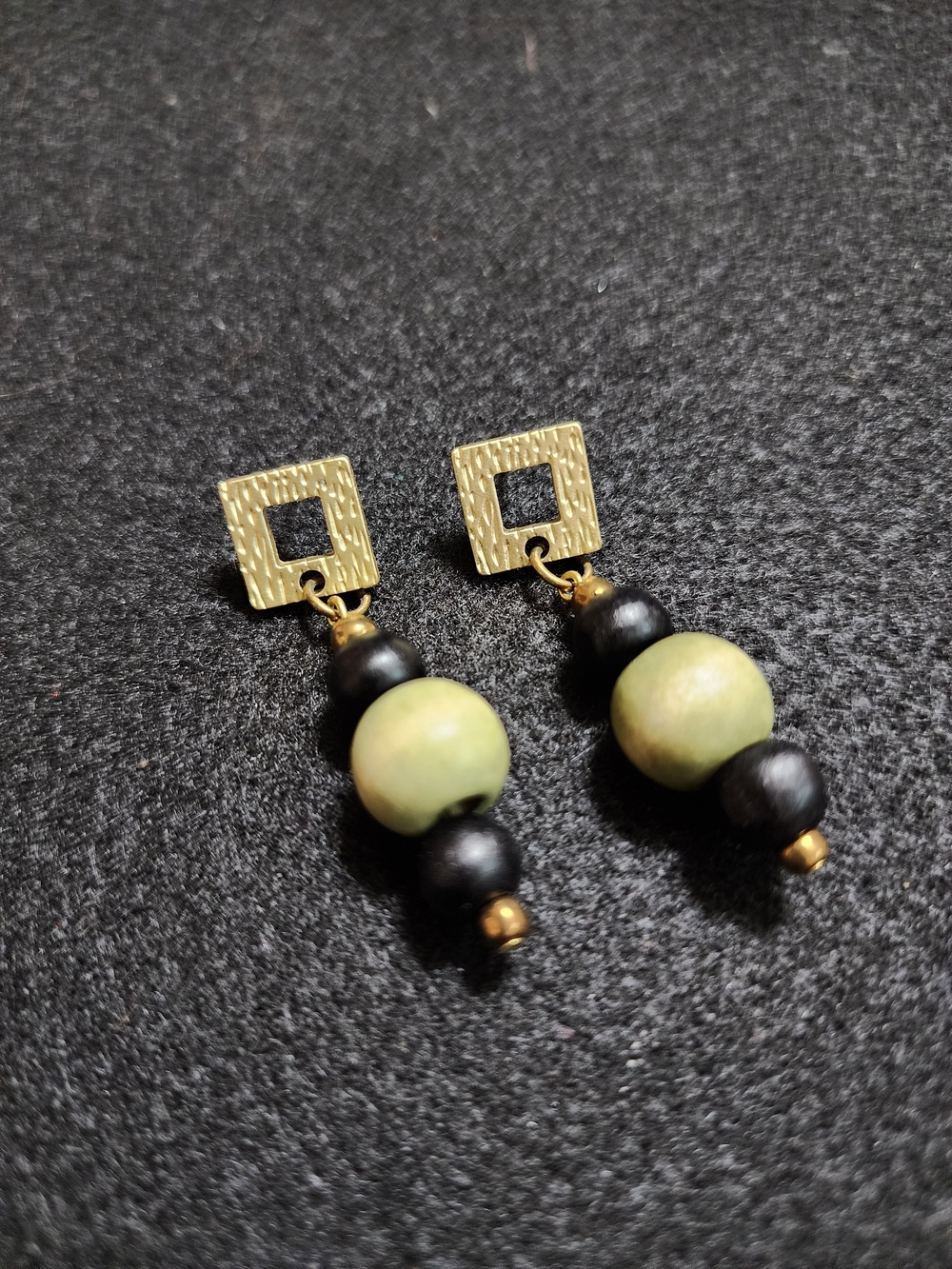 Gold Square Post Earrings with Green and Black Beads